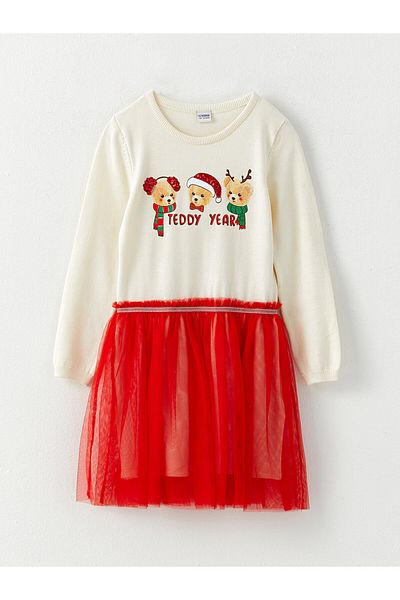 LC Waikiki Langärmliges Strickkleid für Mädchen mit Rundhalsausschnitt und Neujahrsmotiv
