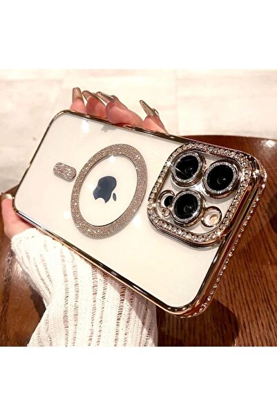 UnDePlus iPhone 16 Pro Uyumlu Kılıf Simli Magsafe Kamera Kenar Taşlı Kapak