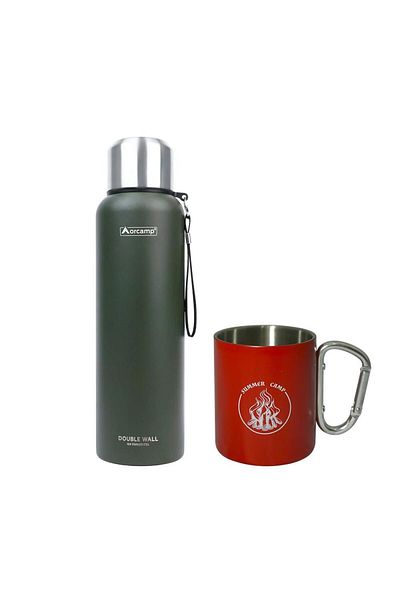 Orcamp Green Steel Thermos - 1.5 Lt, Red Steel Cup - Out-1850, Orc-069-A1