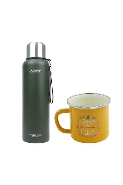 Orcamp Green 1.5 Lt Steel Thermos - Enameled Summer 180 ml Yellow Mug Out-1900