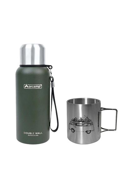 Orcamp Green Steel Thermos - 0.50 Lt, Folding Handle Mug, Caravan 180 ml