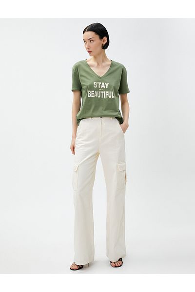 Koton Text Printed T-Shirt V Neck Cotton