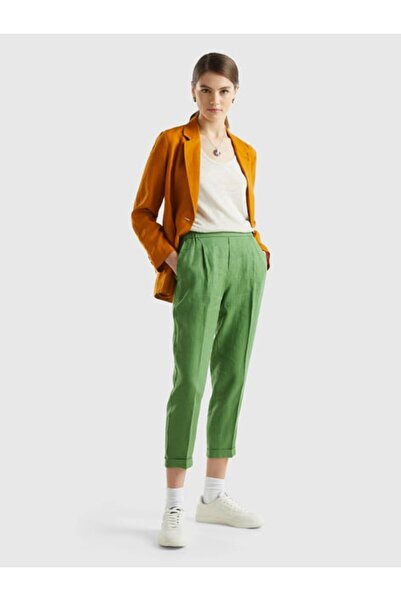 United Colors of Benetton Women's Pale Green 100% Linen Elastic Waist Trousers