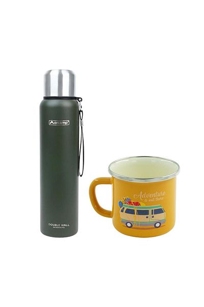 Orcamp 1 Lt Green Steel Thermos - Out-5050 Enameled Caravan, 180 ml Yellow Mug - Orc-068-B-S3