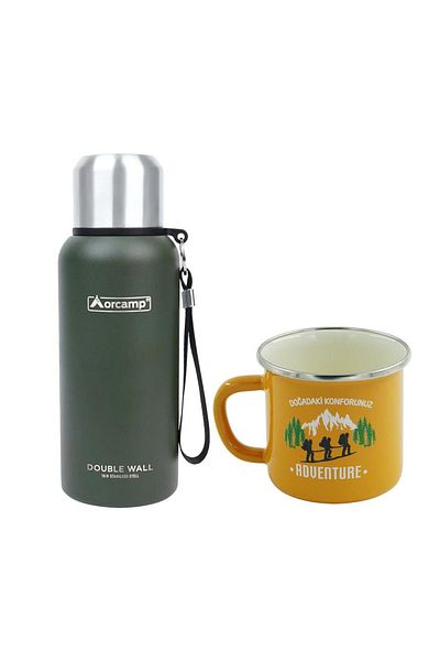 Orcamp Green Steel Thermos - 0.50 Lt, Out-5000 Enamel Adventure, 180 ml Mug, Yellow Orc-066-B-S1