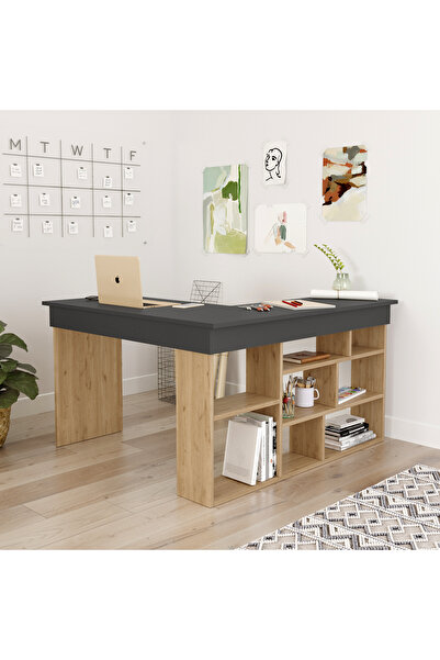 Yurudesign Tywin Kitaplık Raflı Çalışma Masası Sepet-Antrasit CT5-SA