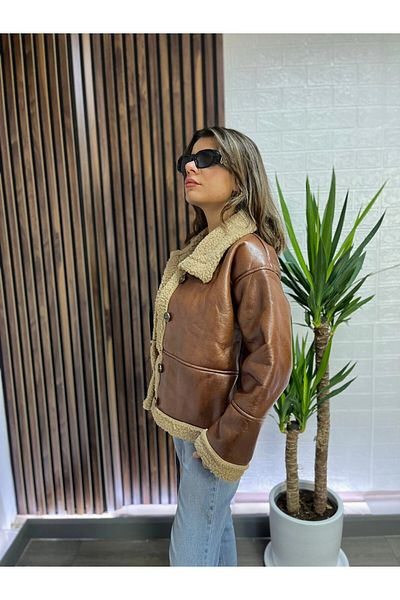 hazelin Brown Faux Leather Coat - Shearling, Button, Hzl23W-Brc 129311