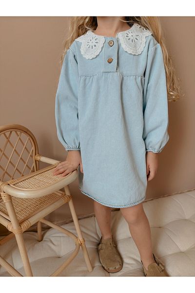 patriko tekstil Light Blue Girl's Jeans Jeans Denim Dress with Collar Fisto Lace