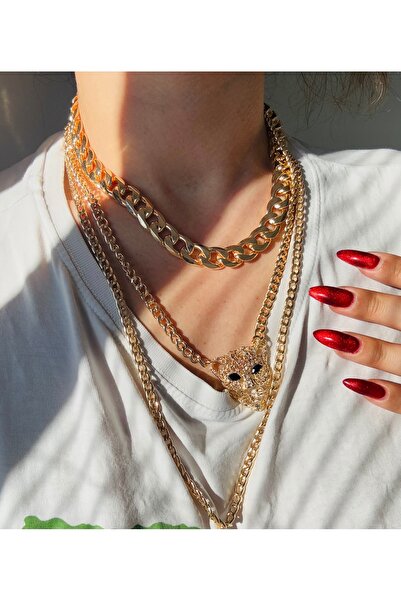 VNSJEWELLERY Kaplan Figürlü Üçlü VIP Kolye