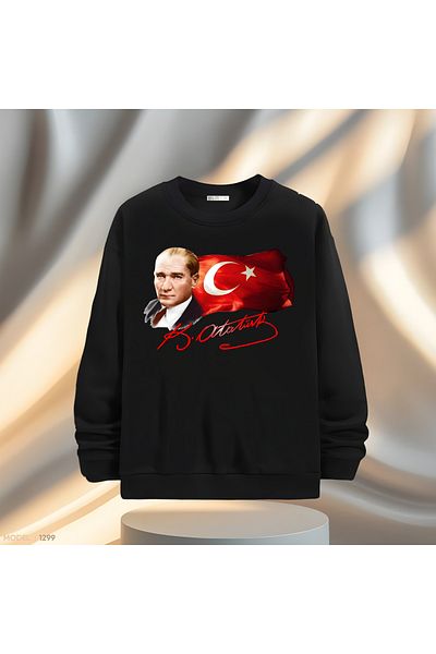 Gölge Store Мъжки/дамски суитшърт Slimfit с кръгло деколте и емблематично изображение на Ататюрк и турското знаме и подпис