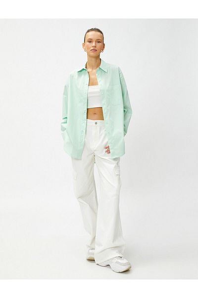 Koton Βαμβακερό πουκάμισο Oversize Ποπλίνα Τσέπη