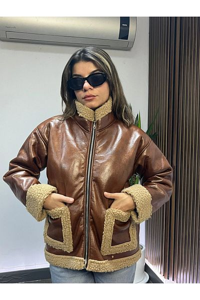 hazelin Tan Faux Leather Women's Coat - Shearling with Zipper Hzl24W-Brc 181001