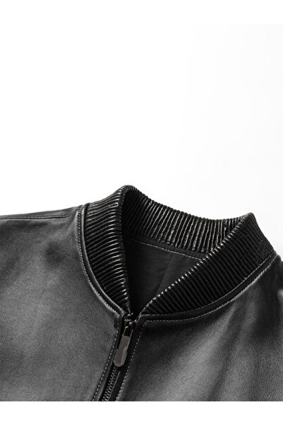 Defelli Erkek Siyah Magenta Hakiki Deri Mont-Ceket