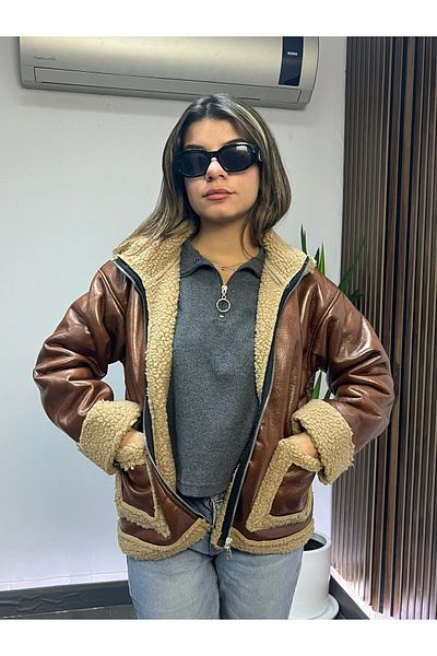 hazelin Tan Faux Leather Women's Coat - Shearling with Zipper Hzl24W-Brc 181001