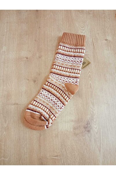 ENEFENDİ Зимни меки и топли дамски чорапи с етнически мотиви, подплатени с флис, памучни, кафеви, бели чорапи