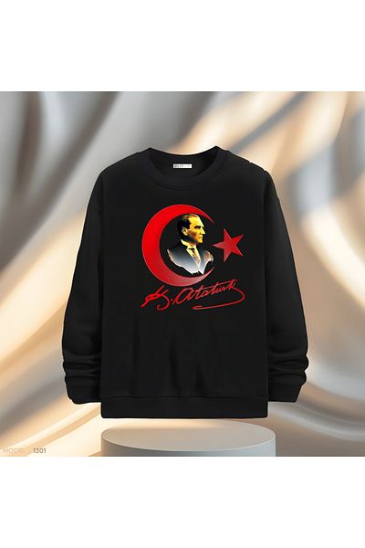Gölge Store Ataturk & Moon Star & Signed Crew Neck Men's Women's Slimfit Sweatshirt