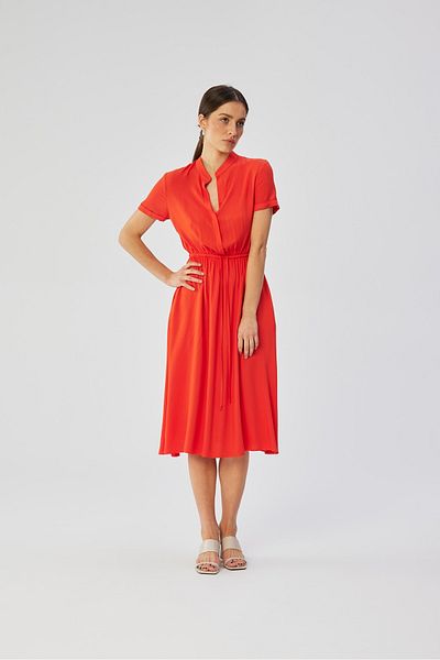 Stylove Viscose dress with a stand-up collar and tie at the waist