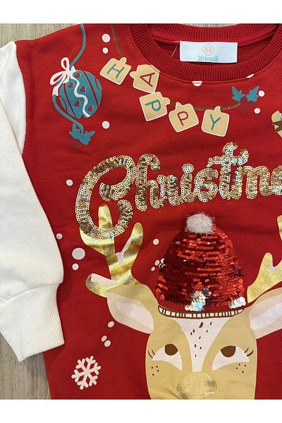 2Friends Happy Christmas Printed Sequined Red Christmas Sweater