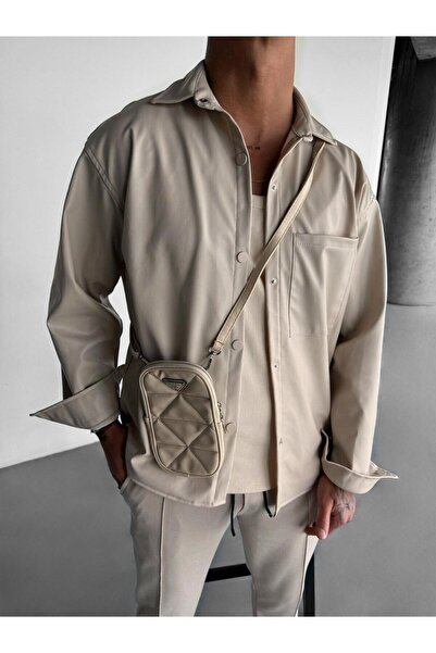 ADEGO Beige Single Pocket Men's Leather Jacket Shirt