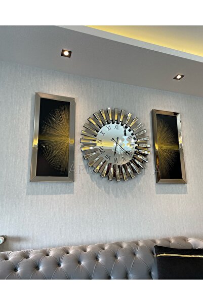 Armoni 3’LÜ BRONZ AYNALI PİYANO SAAT VE TABLOLAR SET(65*65CM SAAT 30*70 CM TABLOLAR)