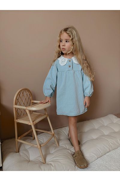 patriko tekstil Light Blue Girl's Jeans Jeans Denim Dress with Collar Fisto Lace