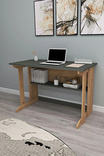 Reyo Home Enda Pillar Kütüphaneli Geniş Çalışma Masası 100x56 Cm Çam - Antrasit