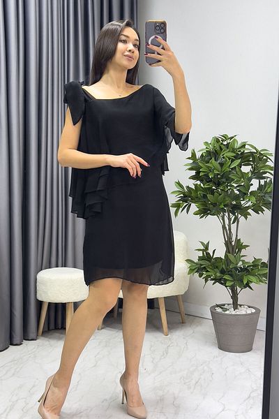 thezkscom WOMEN'S BLACK ONE SHOULDER TIE CHIFFON PLUS SIZE DRESS