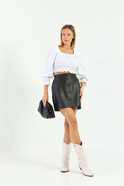 Basics&More Women's Buttoned Black Genuine Leather Mini Skirt - Sk07