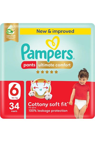 Pampers Ultimate Comfort Pants Diapers, Size 6, 16-21kg,  Aloe Vera and Vitamin E, 34 Count
