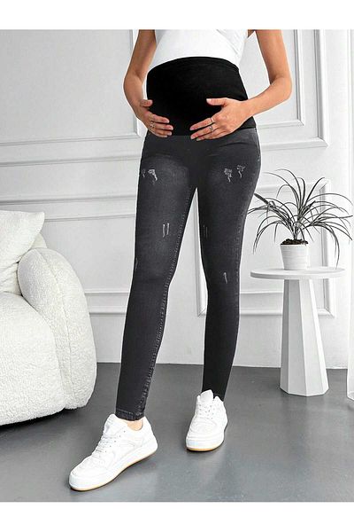 SHEVEGA Women's Smoked Maternity Stretchy Tummy Band Nail Slim Leg Jeans Pants