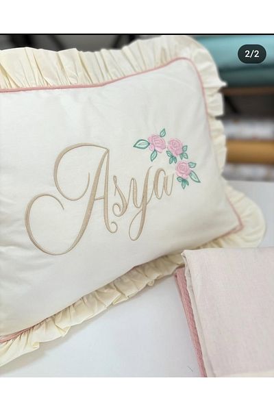 GAYE EV TEKSTİLİ Ruffled 100% Cotton Name Embroidered Pillow Cover