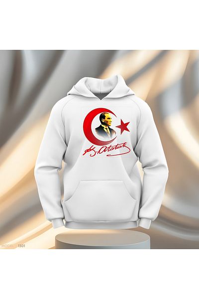 Gölge Store Ataturk and Moon Star Signed Men's Slimfit Hooded Hoodie Sweatshirt