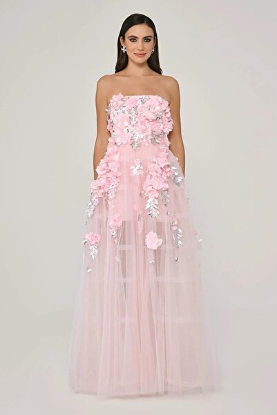 ALFABETA Alfa Beta Straplez 3 Boyut Çiçek Aksesuarlı Tül Uzun Abiye Elbise