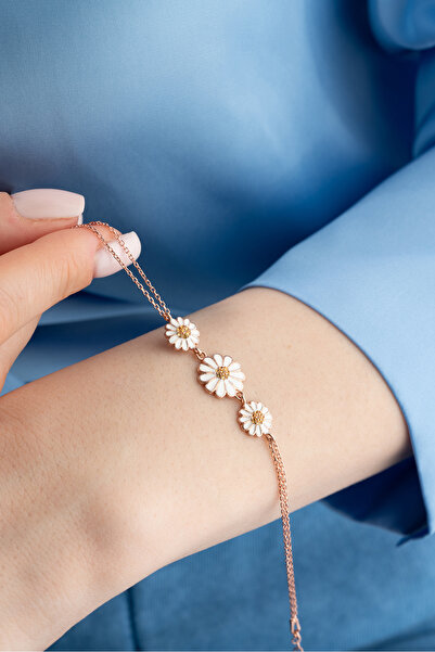 Nereze 925 Ayar Gümüş Sıralı 3'Lü Simli Papatya Bileklik