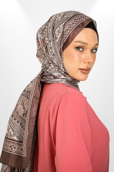 hijabchi Σάλι με ρετρό μεταξωτό σχέδιο - Νέες συλλογές - Σειρά Ottomaria - Καφέ