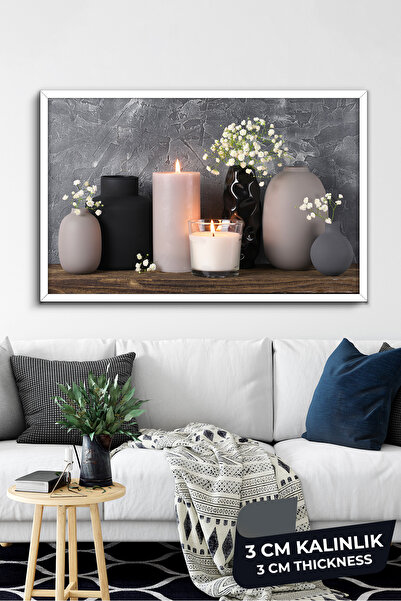 Evinemoda Mum Vazo Çiçekler Tek Parça Beyaz Çerçeveli Kanvas - Canvas Tablo