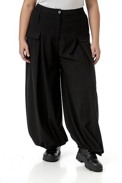 DISENTIS MODEST Plus Size Baggy Cutout Black Trousers with Elastic Waist Back and Leg Deep Pleat Detail