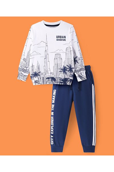 Ollington St. Ollington St. 100% Cotton Knit Full Sleeves Sweatshirt and Joggers Set Skyscrapers -White and Navy