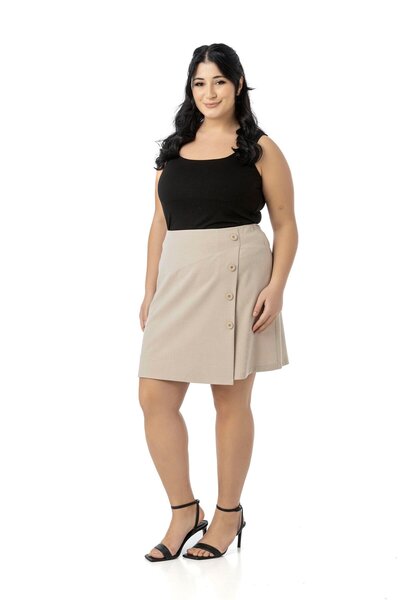 DISENTIS MODEST Plus Size Front Double Layer Ornamental Button Detailed Zipper Closure Mini Beige Skirt
