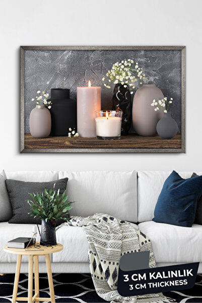 Evinemoda Mum Vazo Çiçekler Tek Parça Gümüş Çerçeveli Kanvas - Canvas Tablo