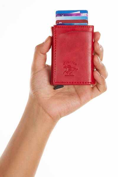 Newish Red Vegan Leather Women's Wallet - Aluminum Mechanism, Sled, Card Holder Coin Compartment (7.5X10Cm)
