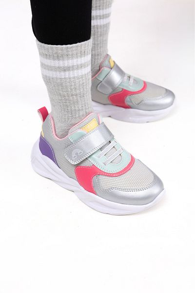 kids A more Roya Single Velcro Air Mesh Detailed Anatomical Girl's Sports Shoes Silver Color