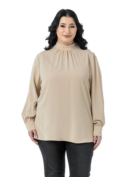 DISENTIS MODEST Plus Size Collar Back Button Stand Collar Draped Beige Blouse