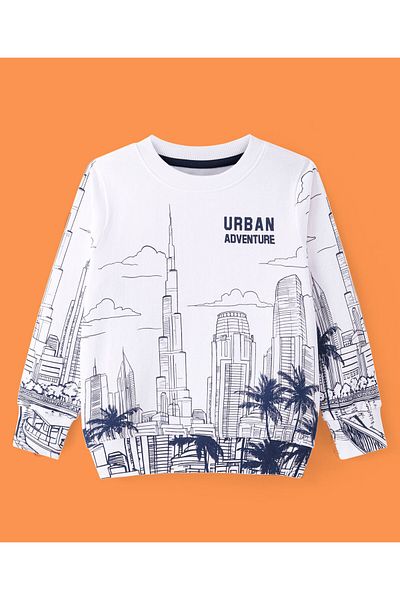 Ollington St. Ollington St. 100% Cotton Knit Full Sleeves Sweatshirt and Joggers Set Skyscrapers -White and Navy