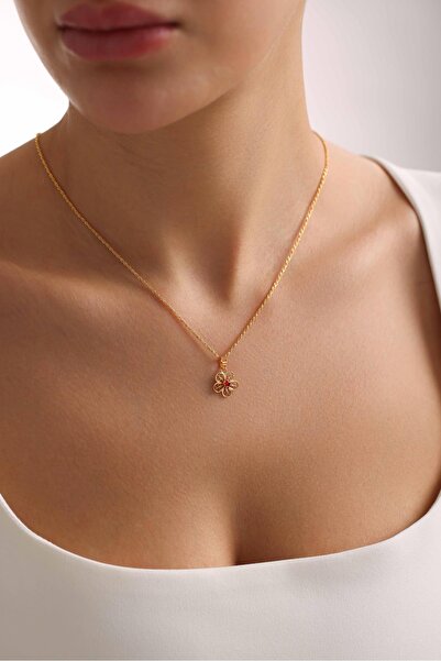 Bayar Gold 14 Ayar Altın Kırmızı Papatya Kolye