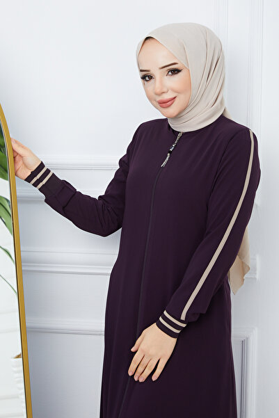 ESRE GİYİM ملابس حجاب كريمية - حرير فيراس، أكمام مخططة، برقوق مضلع