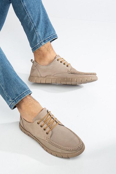 Dilimler Ayakkabı Ανδρικά παπούτσια casual - Nubuck από γνήσιο δέρμα, μπεζ σέλα, κοντό δέσιμο