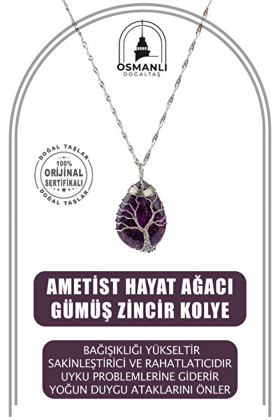 OSMANLI DOĞAL TAŞ Ametist Hayat Ağacı Doğal Taş Gümüş Zincir Kolye
