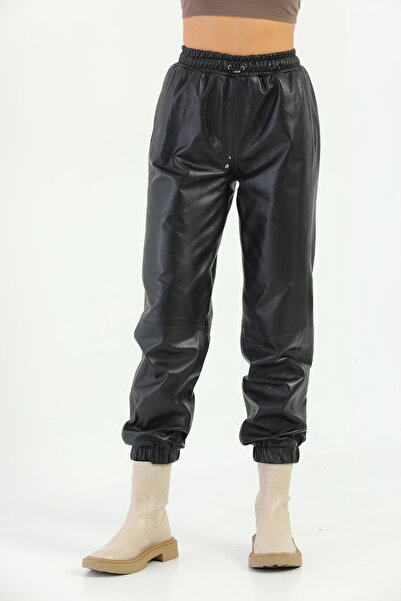 Basics&More Women's Black Leather Pants with Elastic Pockets-P04