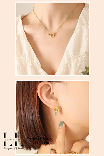 Luxe Loom Zarafetin Işıltısı Kadın Gold Kararmayan Çelik Roma Rakamlı Zirkon Taşlı Iç Içe Geçmiş Halka Kolye Küpe Set 001